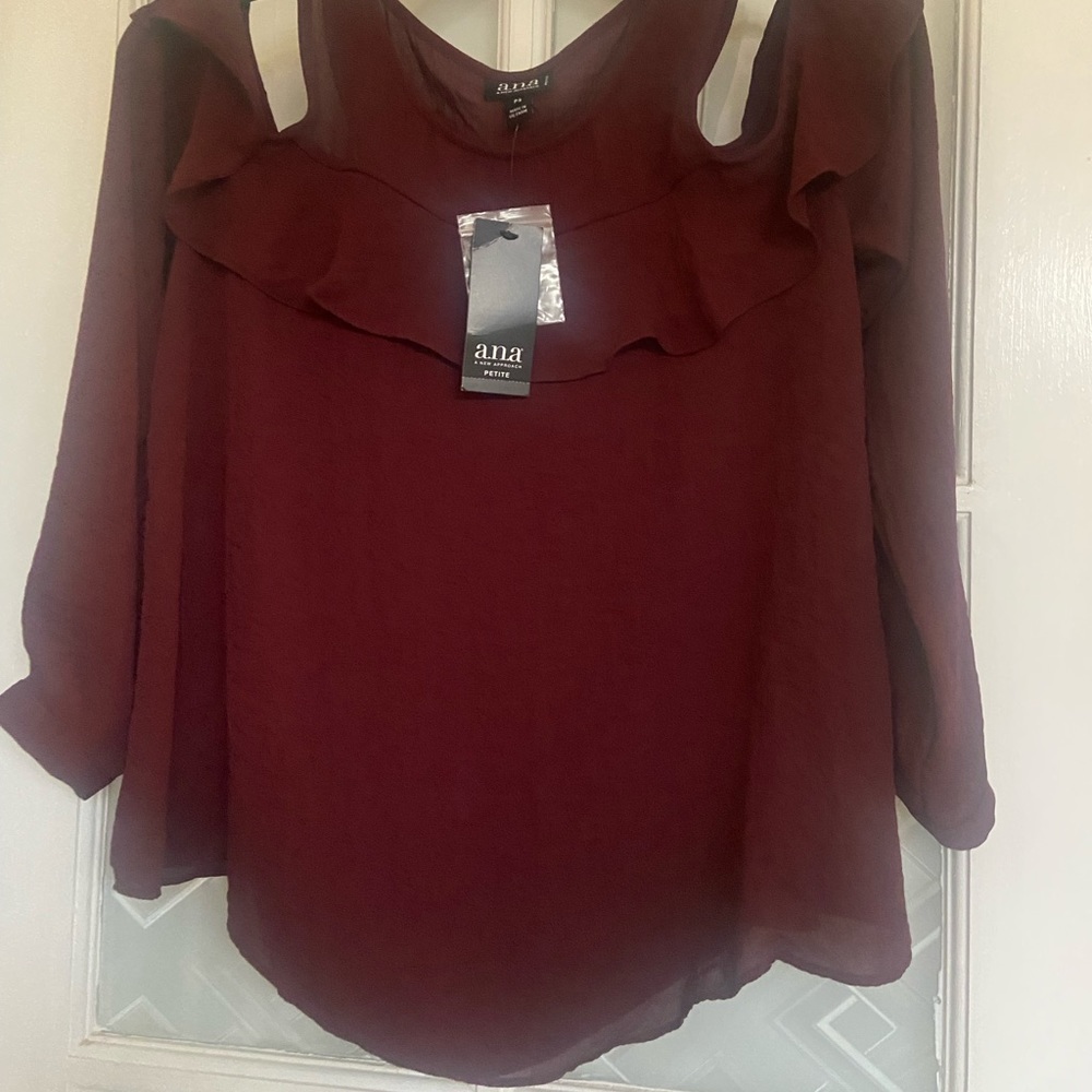 New flowy off shoulder burgundy work blouse with ruffle detail